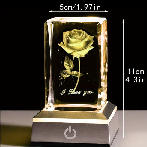 3D Laser Rose Crystal with Light Base Perfect Gift